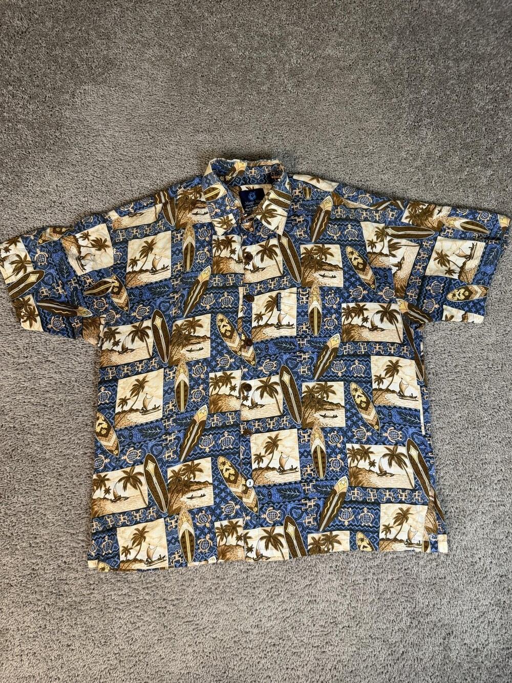 Mango Moon Shirt Mens XL Blue Surfboard Hawaiian Island Aloha Button Up